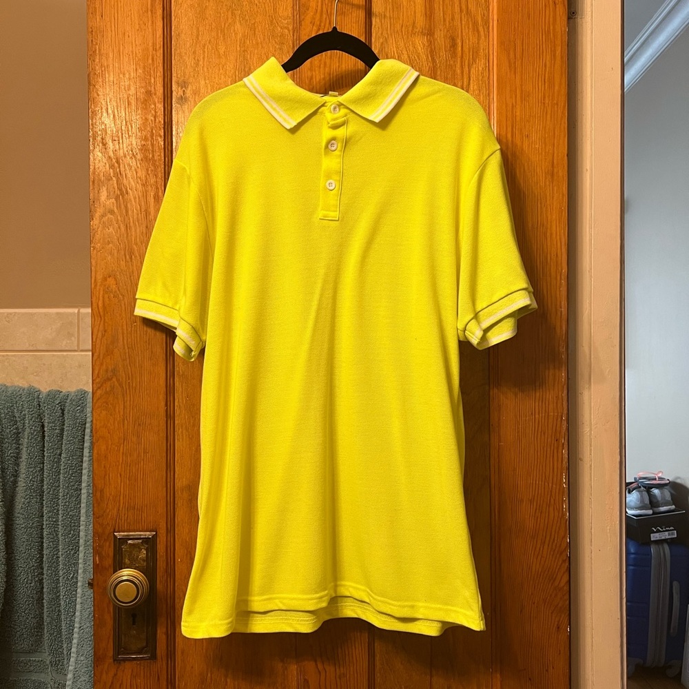 fashion nova L neon yellow polo with white striped trim